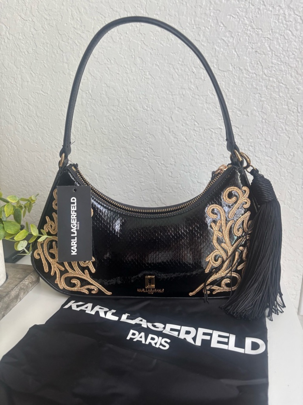 KARL LAGERFELD Black Embroidered Shoulder Bag